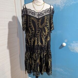 Juicy Couture Black and Gold Leaf Lace Midi Dress